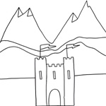 coloriage enfant chateau fort et montagnes